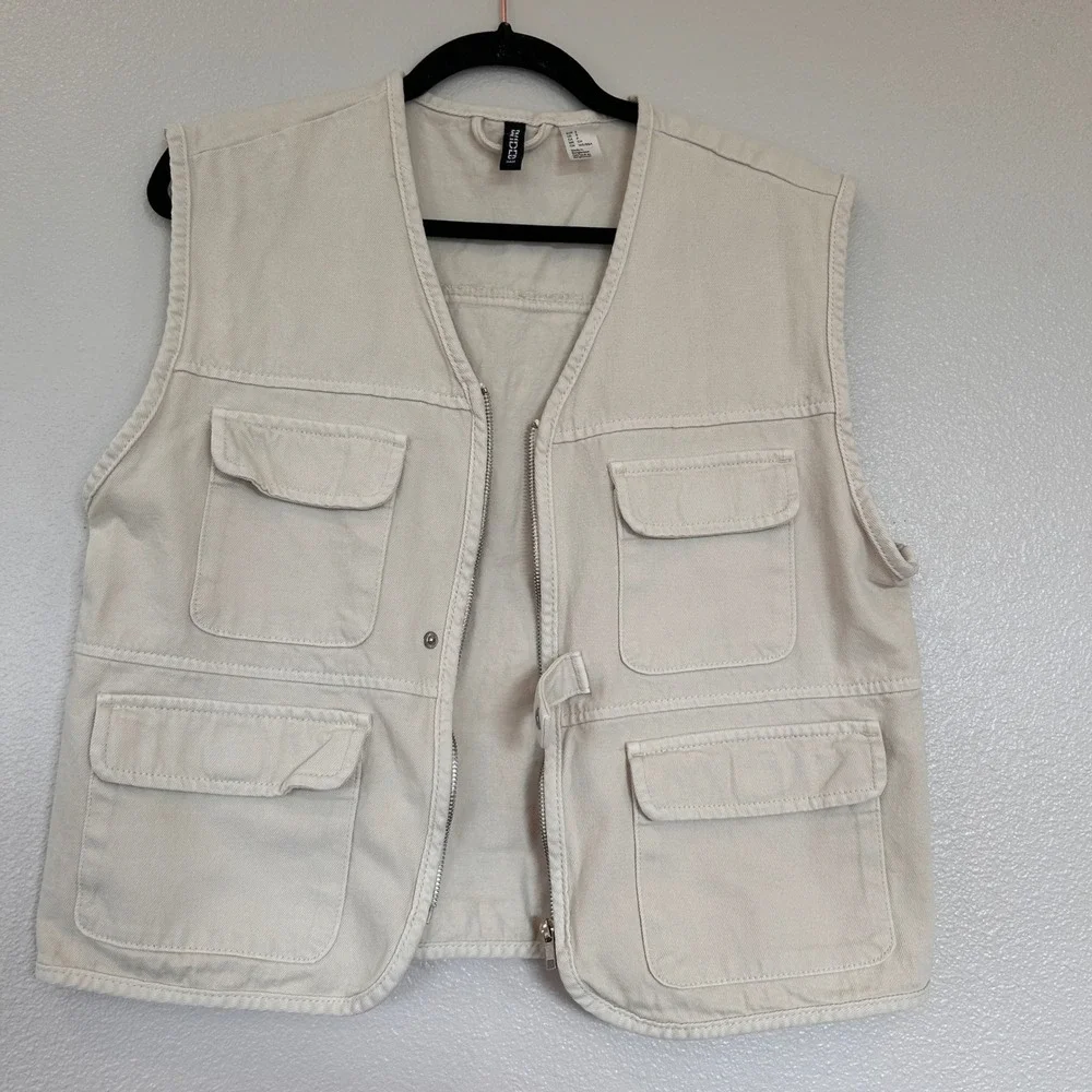 H&M Divided Utility Vest Beige‎ Tan Cotton Zip Cargo Pocket Gorpcore Mens Small